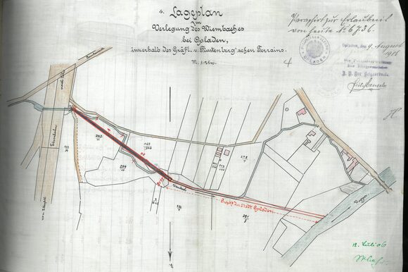 Planskizze zur Begradigung des Wiembachs von 1906 (Norden unten)