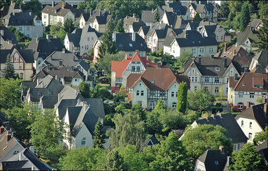 Blick von oben auf die Wohnkolonien in Wiesdorf