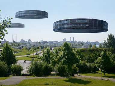 Fotomontage: Schwebendes Rathaus als Ufos über Leverkusen