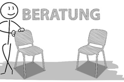 Grafik Strichmännchen, zwei Stühle, Untertitel Beratung
