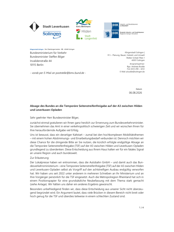 Screenshot vom Brief an den Verkehrsminister