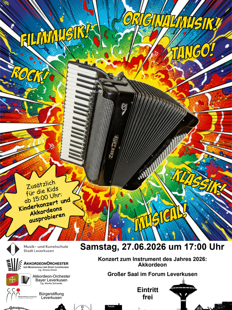 Plakat zum Tag des Akkordeons der Musik- und Kunstschule am 27. Juni 2026
