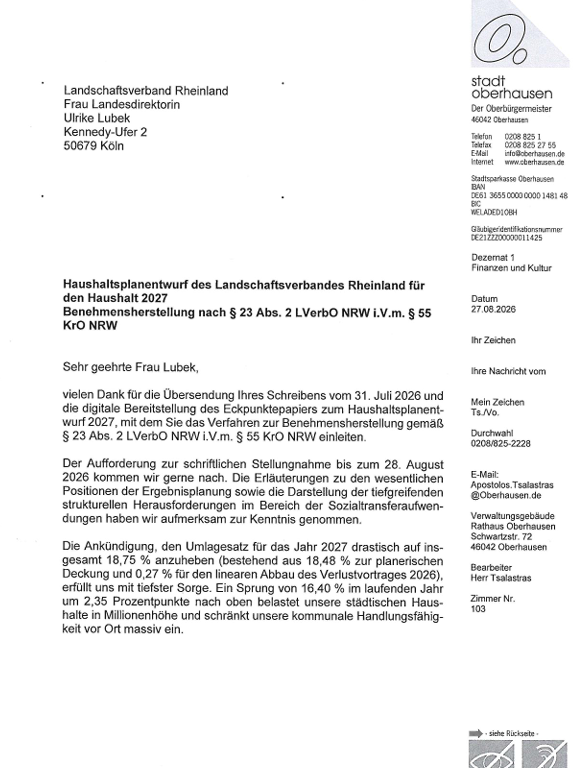 Screenshot des Anschreibens an den LVR
