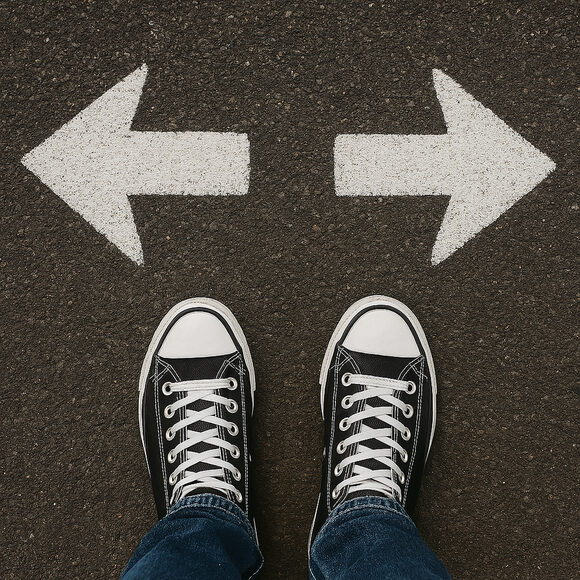 Zwei Füße stehen vor Pfeilen, die nach rechts und nach links zeigen