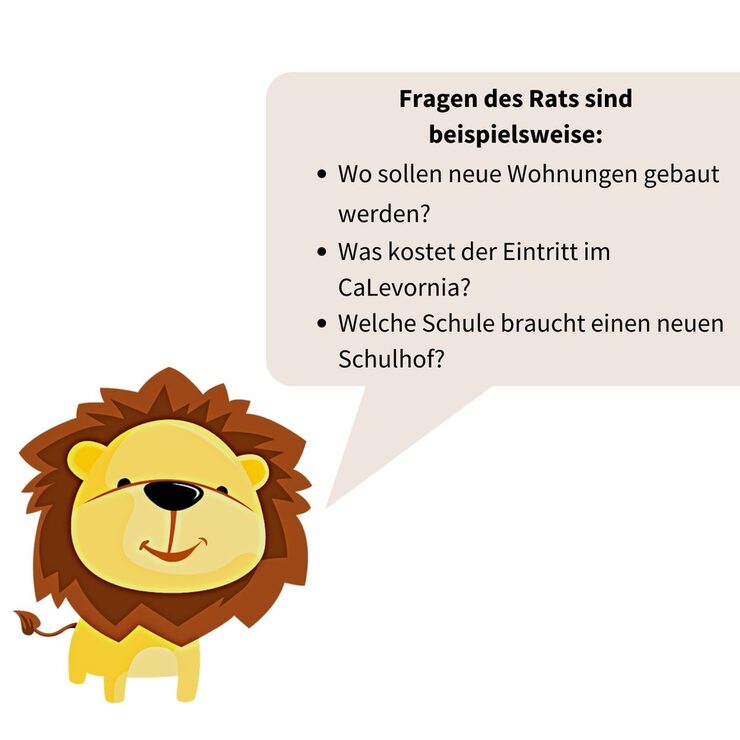 Grafik: Der Löwe mit Sprechblase zu Themen im Rat