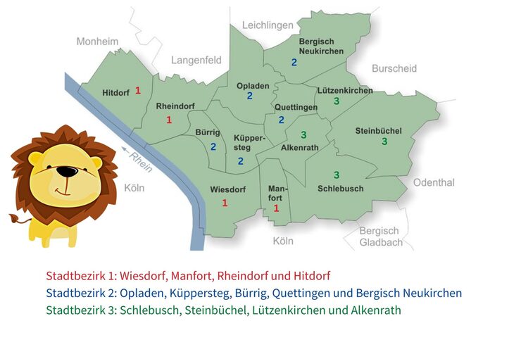 Grafik: der kleine Löwe und die Stadtkarte mit den drei Bezirken