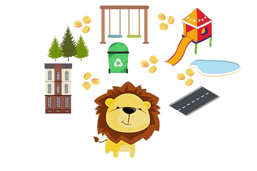 Der kleine Löwe Leo mit Dingen der Stadtverwaltung
