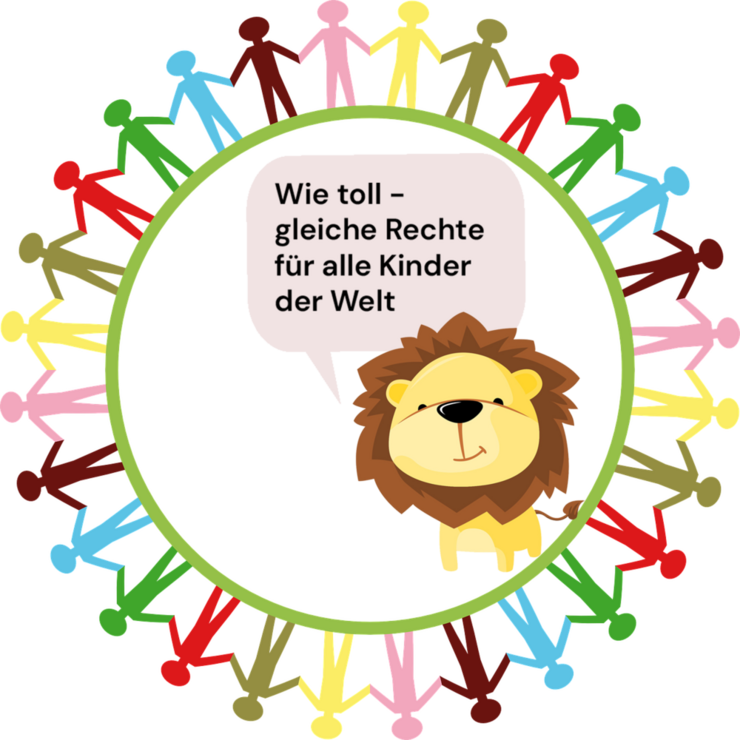 Löwe mit Kinder Globus und Sprechblase "Wie toll - gleiche Rechte für alle Kinder der Welt!"