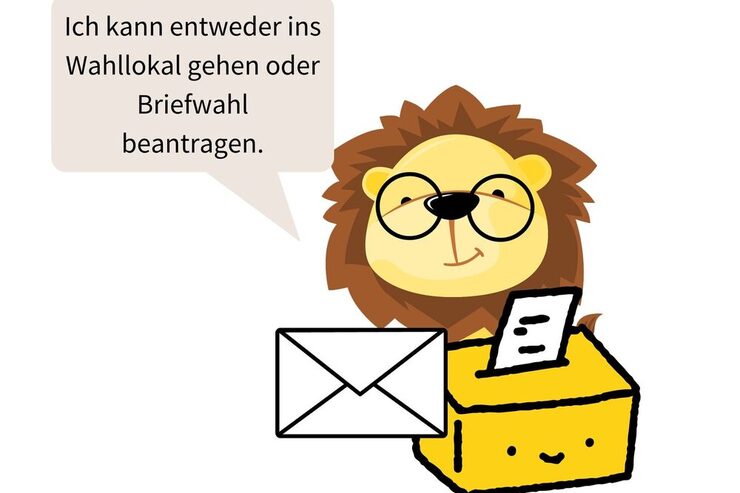 Löwe mit Symbolen Brief und gelber Einwurfbox