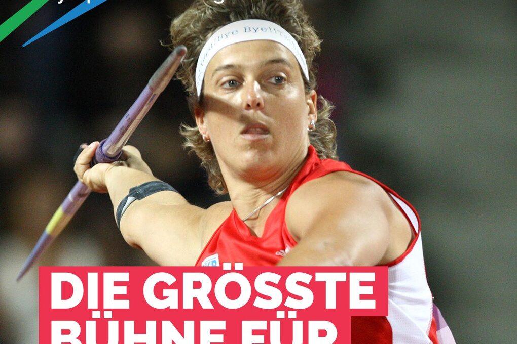 Steffi Nerius, Weltmeisterin 2009 im Speerwurf, mit Schriftzug Olympiabewerbung KölnRheinRuhr: "Die größte Bühne für die größten Momente"
